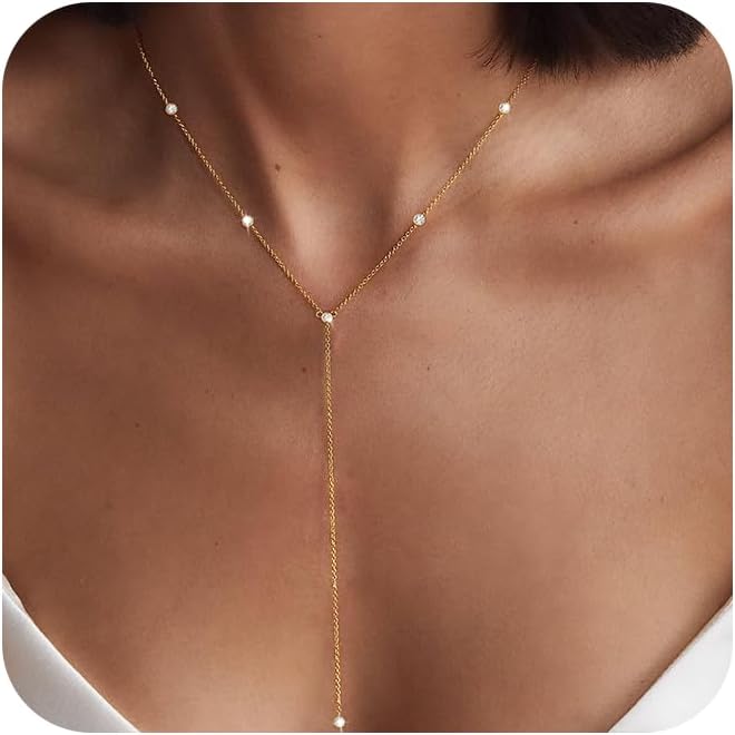 Manufacturer  Foxgirl Lariat Gold Necklace for Women, Dainty Long Necklace 14k Gold Plated/Silver Y-Shaped Pendant Necklace Trendy Layered Cz Beaded Chain Drop Necklaces Simple Gold Jewelry For Women Gift  Necklace