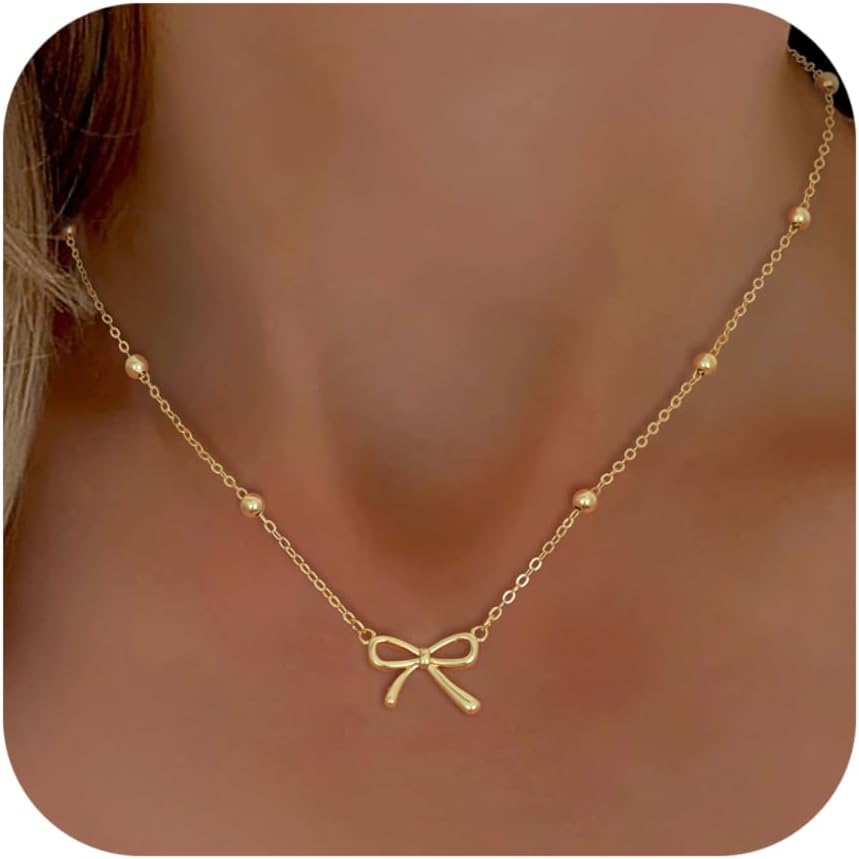 Manufacturer  Gold Necklace for Women Dainty Bow Necklace 14K Gold Plated Cute Choker Necklace Small Bow Pendant Charm Necklaces Teen Gift Trendy Stuff Personalized Jewelry Gifts  Necklace