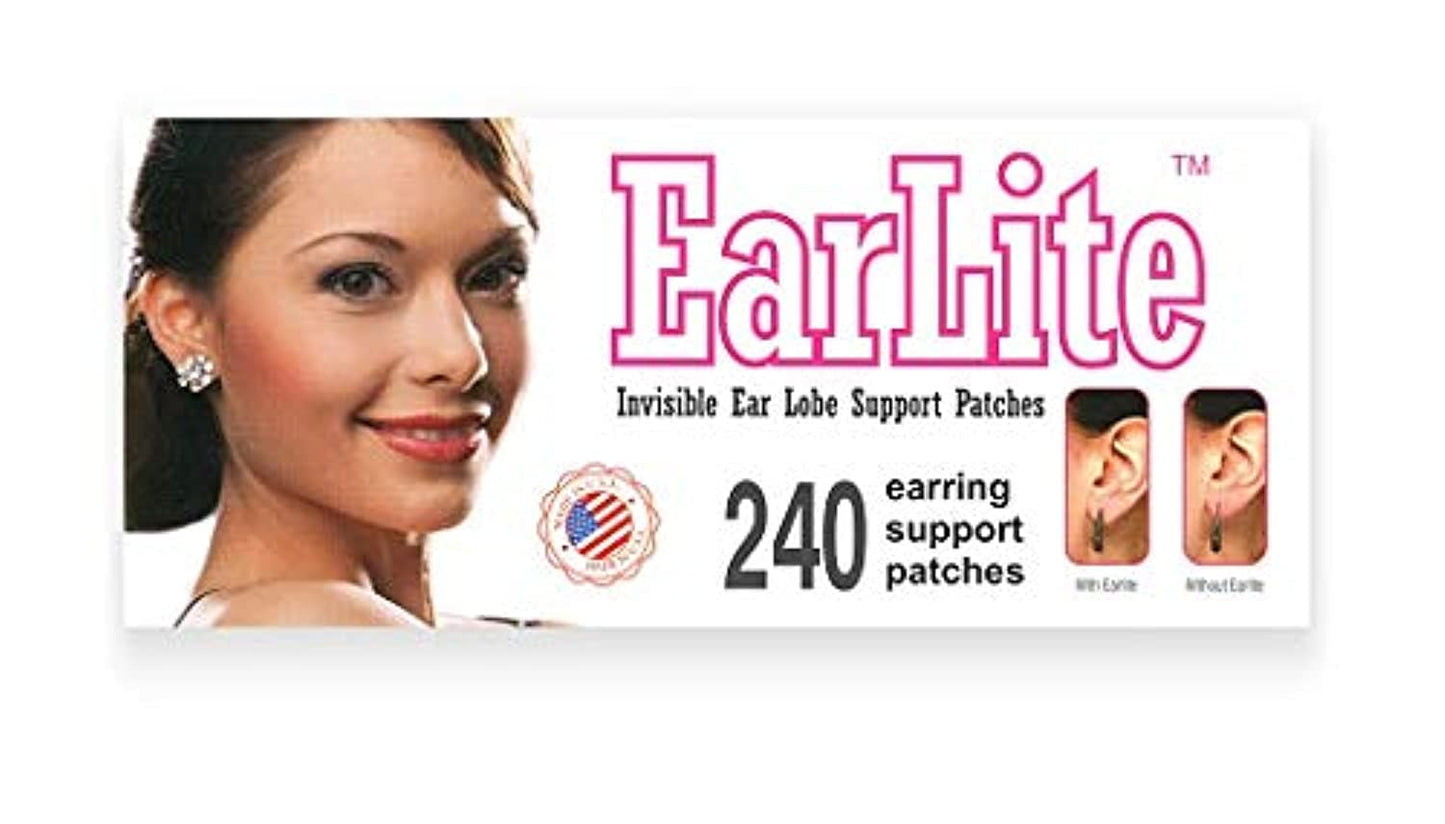 Manufacturer  EarLite 240 (60 Ea X 4 Packs) Invisible Earring Ear Support Waterproof Patches in ZipLock Pouch - Made in USA  earring