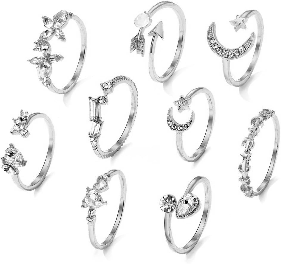 Manufacturer  CSIYSNJRY99 Dainty Silver Rings for Women Boho Stackable Star Moon Flower Silver Rings Set for Teens Vintage Crystal Knuckle Stacking Rings   rings