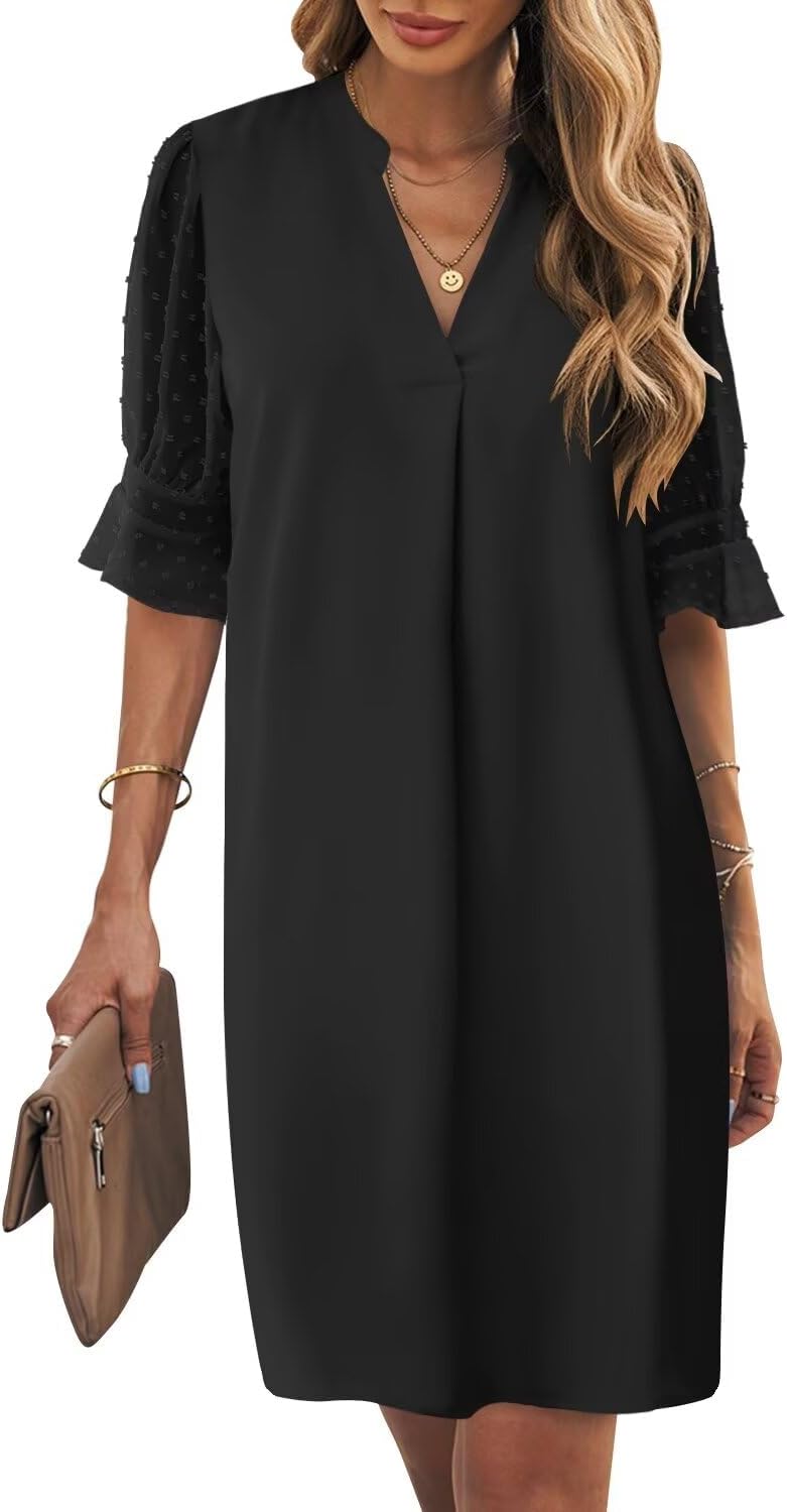 Manufacturer Wkior Shift Dress for Women V Neck Short Sleeves Solid Color Casual Flowy Summer Dresses(S-2XL)