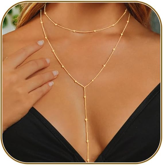 Manufacturer  Lariat Gold Necklace for Women, Dainty Long Necklace 14k Gold Plated/Silver Y-Shaped Layered Beaded Chain Drop Necklaces for Women Trendy Simple Gold Jewelry for Women Gifts  Necklace