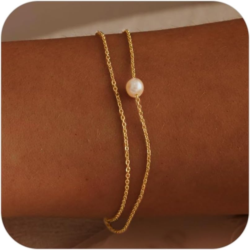 Manufacturer  SLOONG Gold Bracelets for Women Trendy, 14K Real Gold Plated Dainty Stackable Pearl Snake Chain CZ Heart Pendant Bracelets, Layered Waterproof Jewelry Gift for Women Adjustable 6"+2"  bracelets