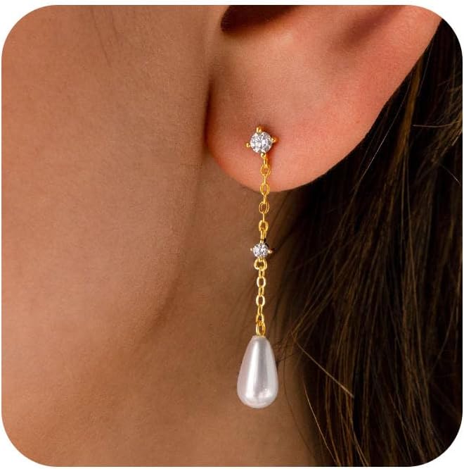 Manufacturer  Dainty Gold Pearl Earrings for Women, Trendy 14k Gold Filled Freshwater CZ Leaf Bow Pearl Dangle Drop Earrings Lightweight Hypoallergenic Bridesmaid Stud Earring Wedding Statement Jewelry for Women Gifts  earring