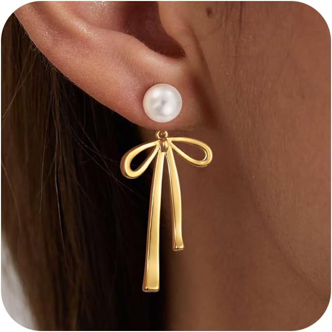 Manufacturer  14K Gold Plated/Silver Earrings for Women Trendy, Dainty Bow Earrings for Women Cute Pearl Huggie Earring Hoops Twist Rope Bow Stud Pearl Dangle Cubic Zirconia Earrings Jewelry Gifts  earring