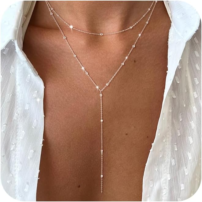 Manufacturer  Foxgirl Lariat Gold Necklace for Women, Dainty Long Necklace 14k Gold Plated/Silver Y-Shaped Pendant Necklace Trendy Layered Cz Beaded Chain Drop Necklaces Simple Gold Jewelry For Women Gift  Necklace