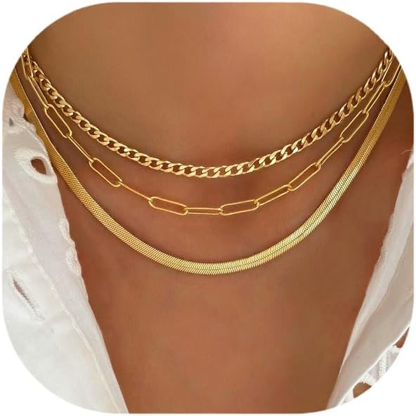Manufacturer  Gold Layered Necklaces for Women, 14K Gold Plated Dainty Gold Chain Choker Necklace Stack, Herringbone Gold Necklaces Set  Necklace