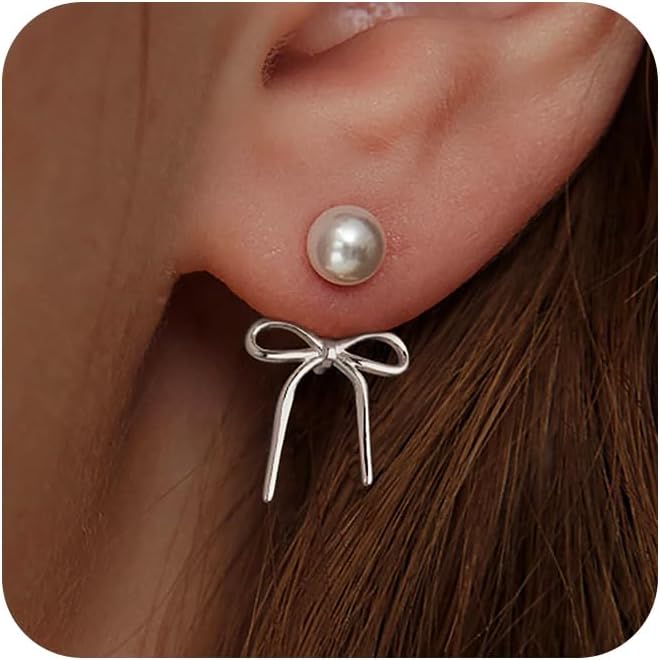 Manufacturer  14K Gold Plated/Silver Earrings for Women Trendy, Dainty Bow Earrings for Women Cute Pearl Huggie Earring Hoops Twist Rope Bow Stud Pearl Dangle Cubic Zirconia Earrings Jewelry Gifts  earring