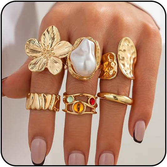 Manufacturer  6PCS Gold Rings for Women Non Tarnish Flower Rings for Women Gold Chunky Rings Gold Stackable Rings for Women Silver Statement Rings Baroque Pearl Ring Vintage Knuckle Rings Chunky Gold Jewelry   rings