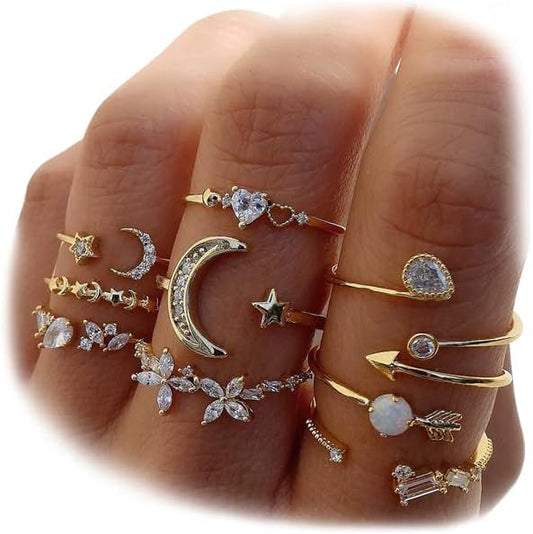 Manufacturer  KISS WIFE Gold Stackable Moon Star Knuckle Rings Set for Women, Boho Dainty Lightweight Stacking Rings, Vintage Midi Rings Pack, Trendy Jewelry   rings
