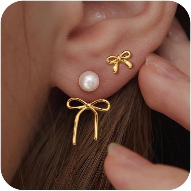 Manufacturer  14K Gold Plated/Silver Earrings for Women Trendy, Dainty Bow Earrings for Women Cute Pearl Huggie Earring Hoops Twist Rope Bow Stud Pearl Dangle Cubic Zirconia Earrings Jewelry Gifts  earring
