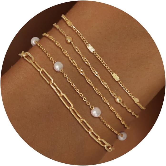 Manufacturer  Gold Bracelets for Women, 14K Dainty Gold Plated Stackable Bracelets for Women Trendy Waterproof CZ Tennis Bracelet Set Tiny Heart Paperclip Box Chain Adjustable Bracelets Minimalist Cute Jewelry  bracelets