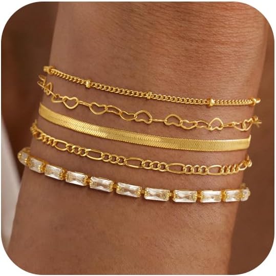 Manufacturer  Gold Bracelets for Women, 14K Dainty Gold Plated Stackable Bracelets for Women Trendy Waterproof CZ Tennis Bracelet Set Tiny Heart Paperclip Box Chain Adjustable Bracelets Minimalist Cute Jewelry  bracelets