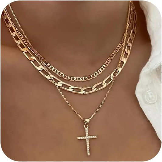 Manufacturer  Cross Necklace for Women,Stackable Stacked Stacking Layering Layered Necklaces Dainty Gold Necklace Paperclip Box Flat Mariner Chain Necklace Cross Pendant CZ Diamond Simple Jewelry Gift  Necklace