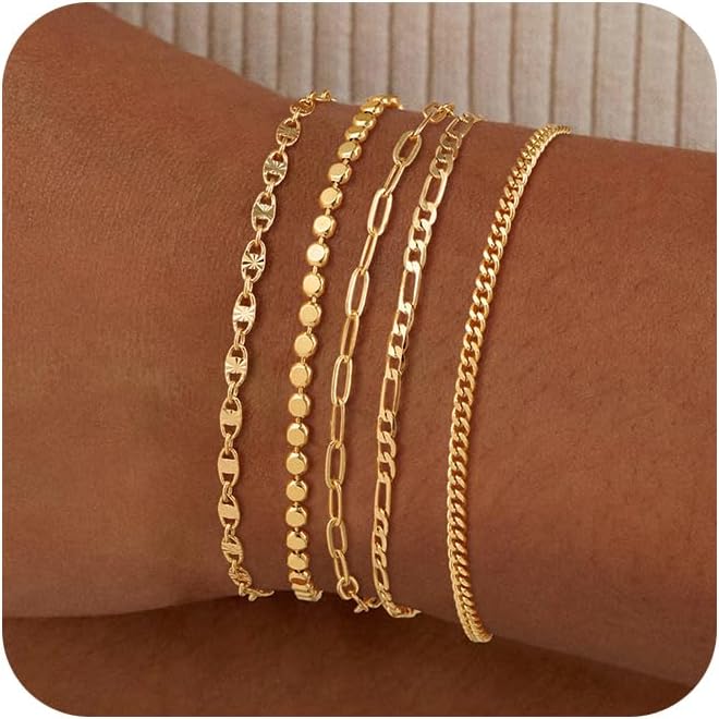 Manufacturer  Bracelets for Women, Waterproof 14K Gold/Silver Plated Stackable Bracelets for Women Non Tarnish Trendy Dainty Paperclip Figaro Box Herringbone Hand Chain Bracelet Pack Stack Adjustable Jewelry for Women  bracelets
