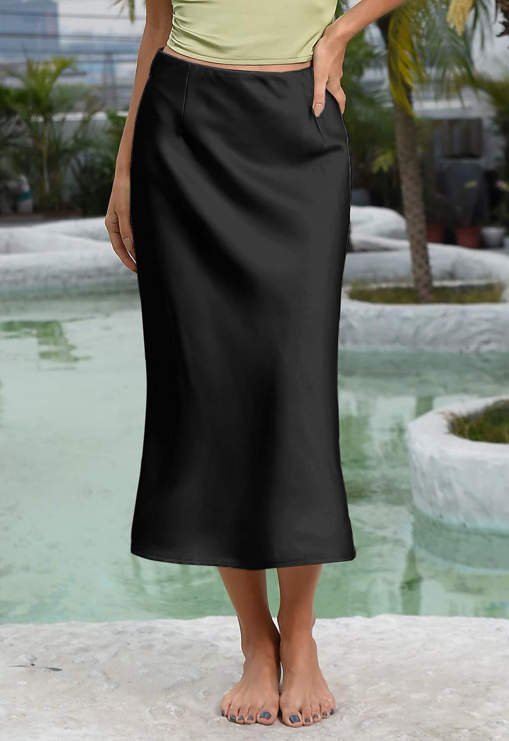 Manufacturer  Women's Satin High Waist Hidden Elasticized Waistband Flared Casual A Line Midi Skirts