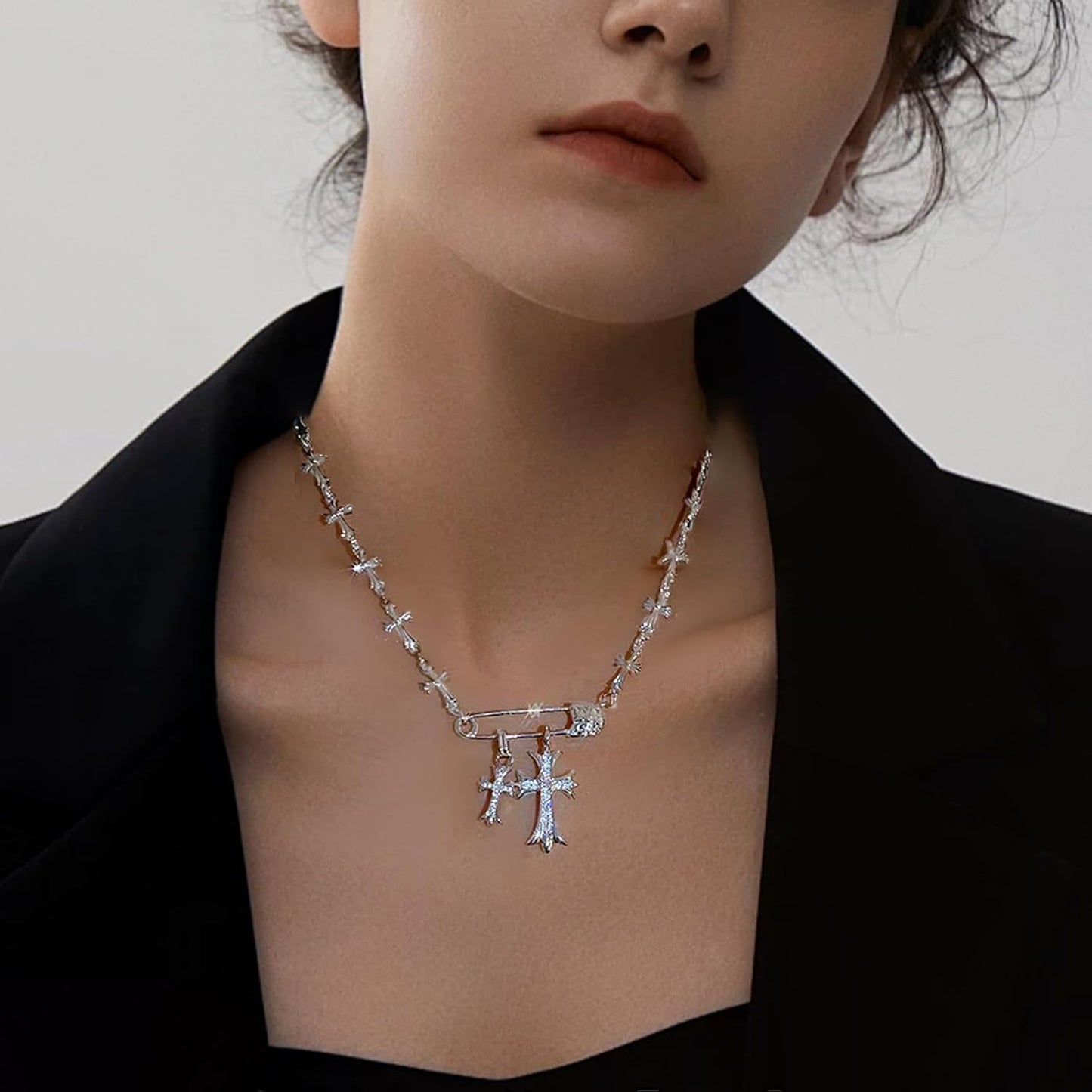 Manufacturer  Silver Cross Necklaces for Women Y2K Safety Pin Gothic Cross Cubic Zirconia Pendant Necklace, Aesthetic Necklace Punk Goth Jewelry for Women Men  necklace