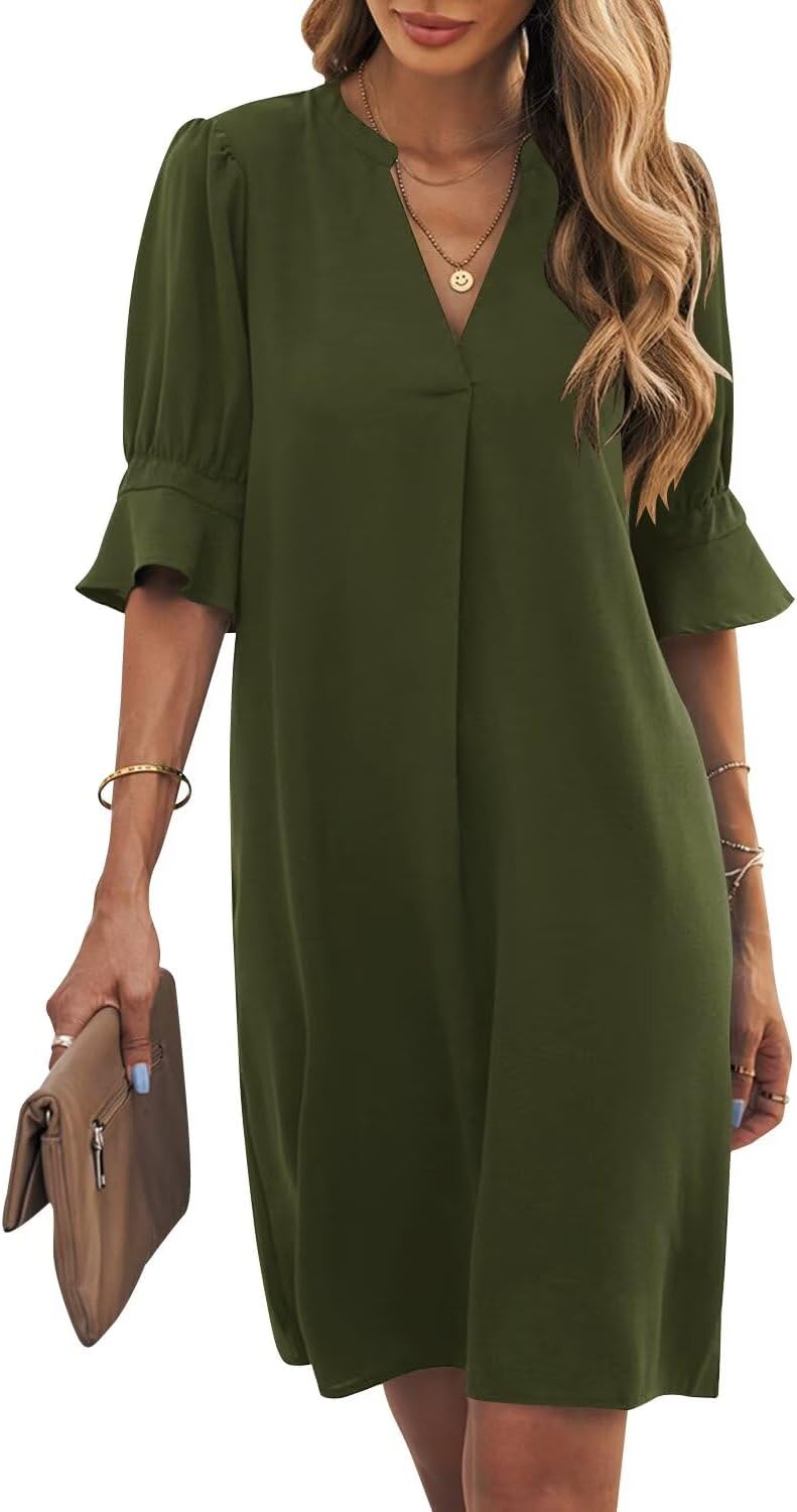 Manufacturer Wkior Shift Dress for Women V Neck Short Sleeves Solid Color Casual Flowy Summer Dresses(S-2XL)