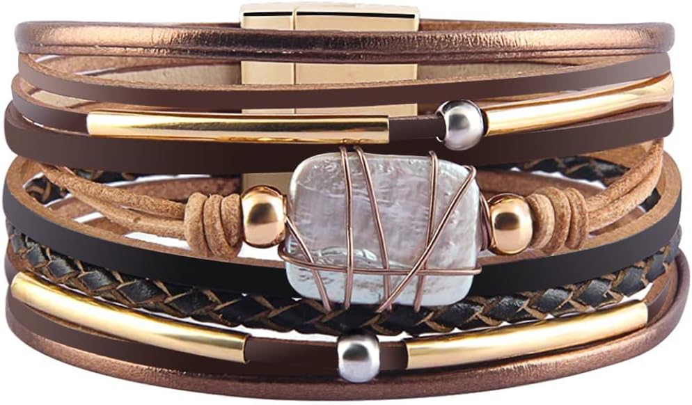 Manufacturer  Fesciory Leopard Bracelet for Women, Boho Leather Wrap Multi-Layer Pearl Crystal Bracelet Bangle Jewelry  bracelets