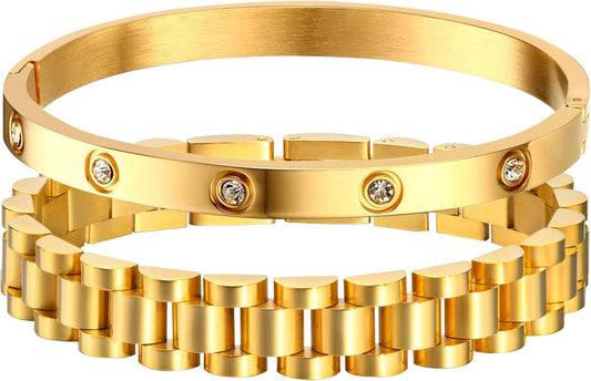Manufacturer  MPRAINBOW 2pcs Gold Chain Link Bracelet, Stainless Steel Crystal Friendship Bracelets Bangle,Watch Band Chains Wristband Jewelry with Adjust Tool  bracelets