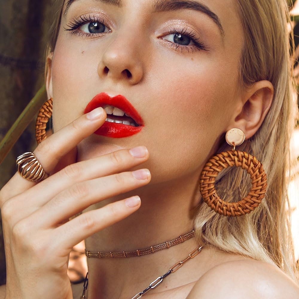 Manufacturer  4 Pairs Handmade Raffia Rattan Bohemian Round Drop Dangle Earrings for Women, Boho Statement Cute Fun Hoop Earrings Set  earring