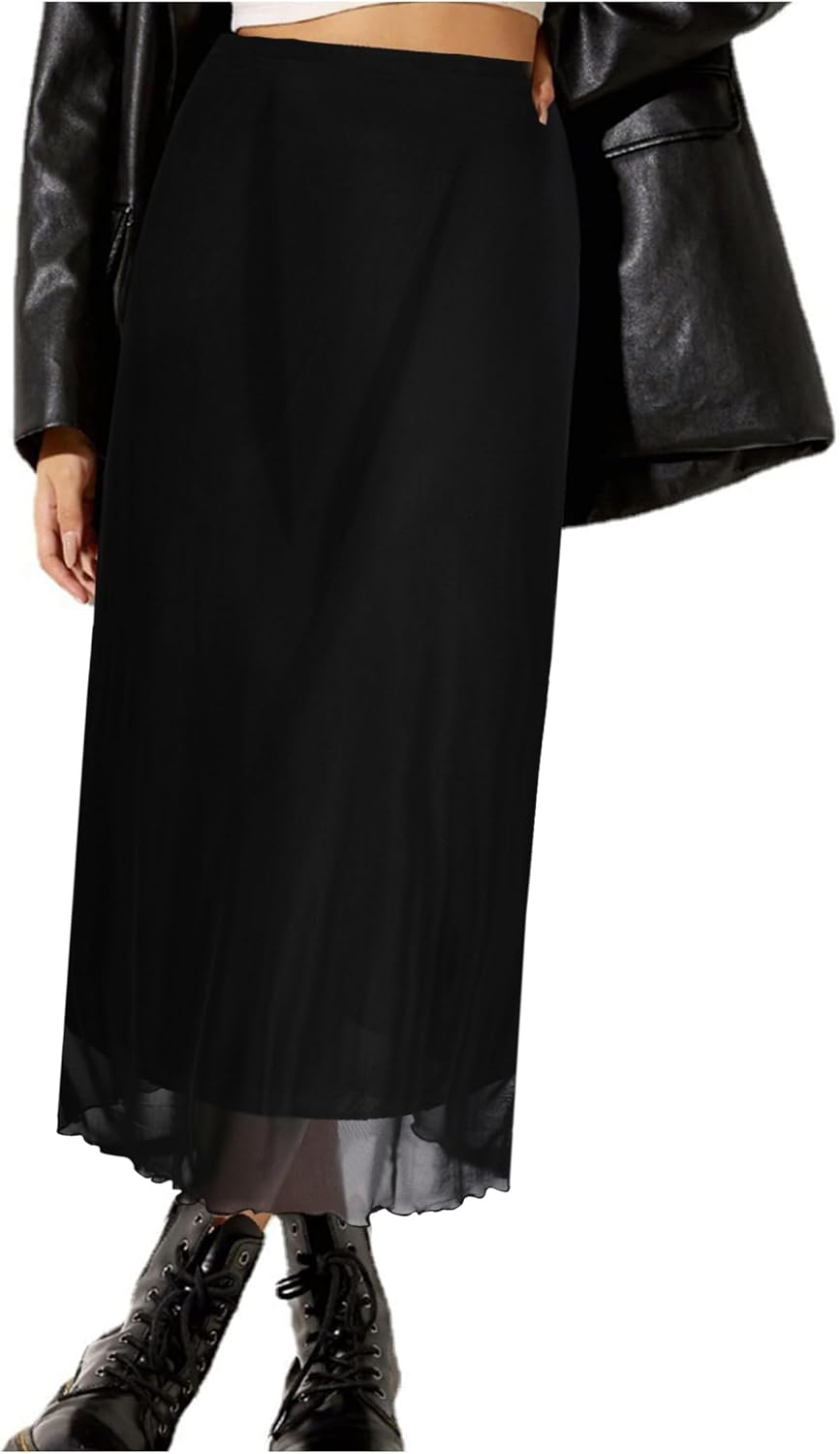 Manufacturer  Avanova Women Mesh Floral Boho High Waist Midi Skirt Lettuce Trim Summer A Line Skirts