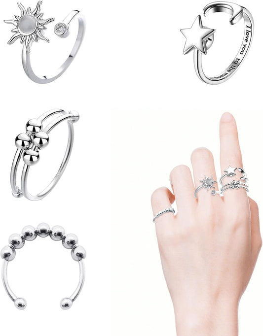 Manufacturer  4PCS Fidget Rings for Women Adjustable Stress Relief Fidget Spinner Ring Stainless Steel Sun Moon Star Bead Rotatable Fidget Rings (Silver)   rings