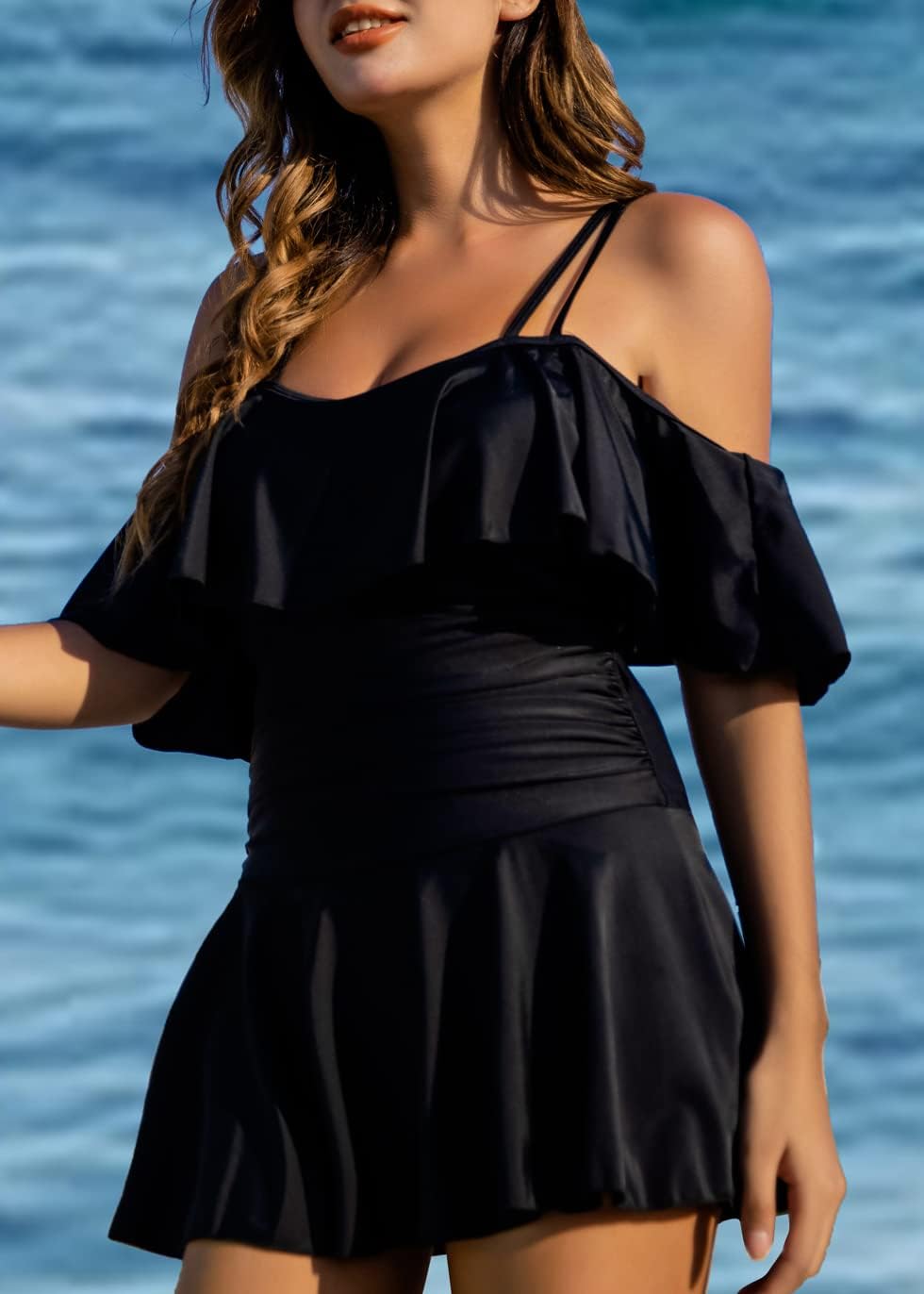 Manufacturer  COCOPEAR Women's One Piece Flounce Swimsuit Off Shoulder Bathing Suit Tummy Control Swimdress  Swimsuit