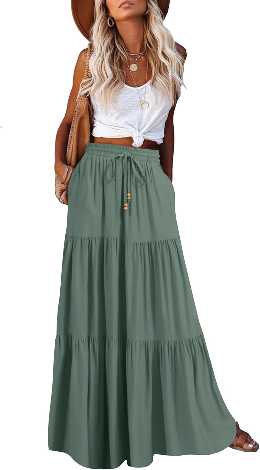 Manufacturer  HAEOF Women's Summer Boho Maxi Skirt A-Line Flowy Ruffle Tiered Elastic High Waist Beach Long Skirts with Pockets