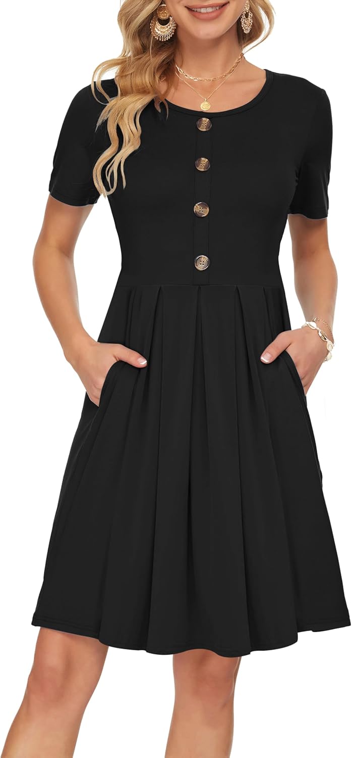 Manufacturer  AUSELILY Women's Short Sleeve Summer Dress Pleated Button Down Knee Length Dresses with Pockets New dresses