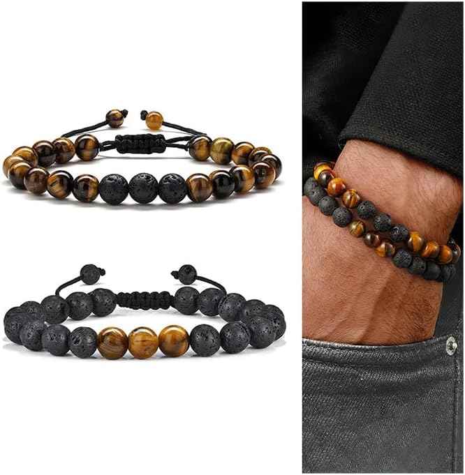 Manufacturer  M MOOHAM Natural Stone Bracelets for Men - 8mm Tiger Eye, Matte Agate, Lava Rock - Teen Boys Gifts for Birthday, Anniversary, Christmas  bracelets