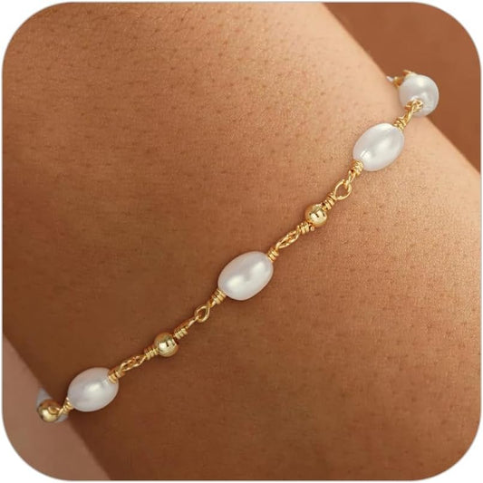 Manufacturer  SLOONG Gold Bracelets for Women Trendy, 14K Real Gold Plated Dainty Stackable Pearl Snake Chain CZ Heart Pendant Bracelets, Layered Waterproof Jewelry Gift for Women Adjustable 6"+2"  bracelets