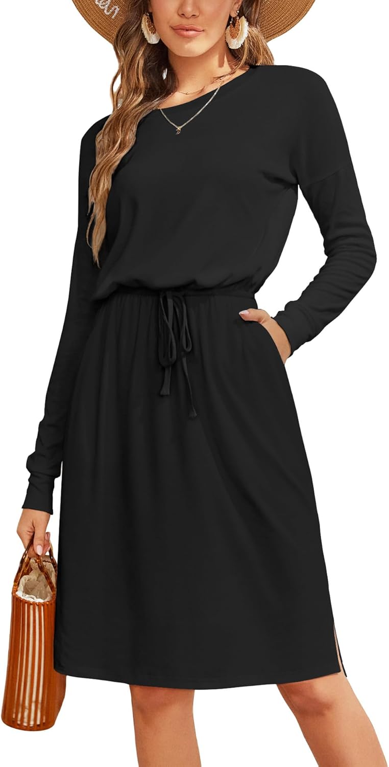 Manufacturer  Simier Fariry Womens Summer Hide Belly Knee Length Travel Dress Pocket Short Sleeve Midi Work Casual Teacher Outfit dresses