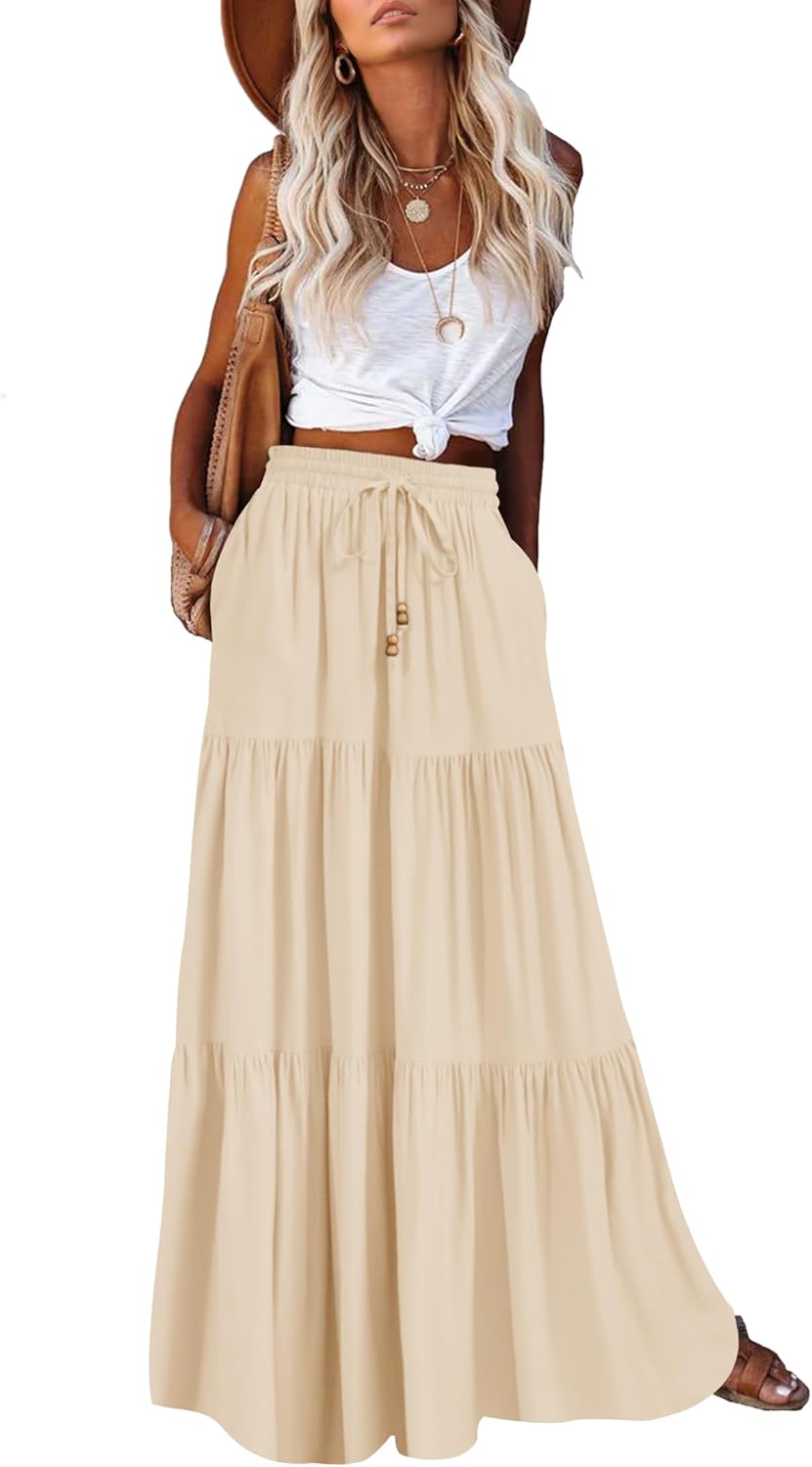 Manufacturer  HAEOF Women's Summer Boho Maxi Skirt A-Line Flowy Ruffle Tiered Elastic High Waist Beach Long Skirts with Pockets