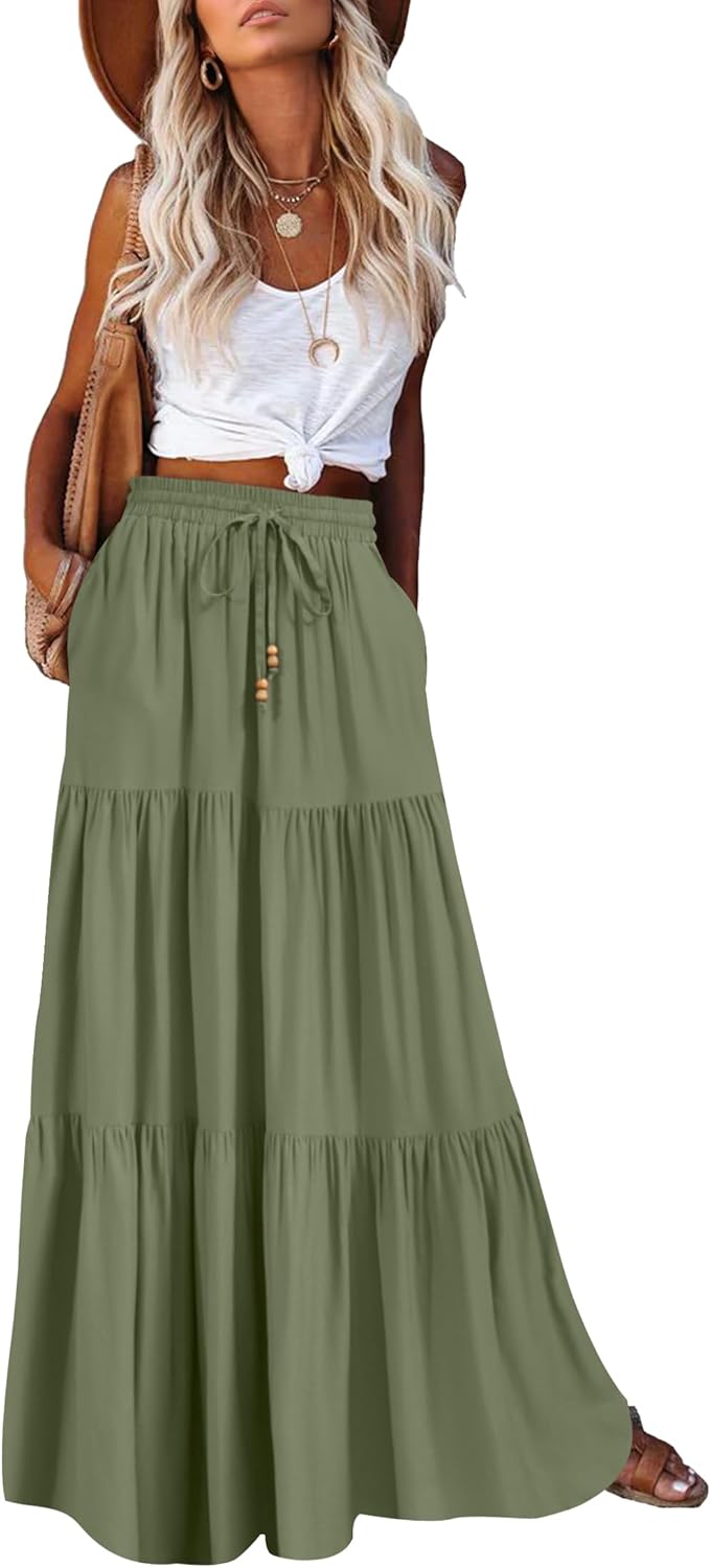 Manufacturer  HAEOF Women's Summer Boho Maxi Skirt A-Line Flowy Ruffle Tiered Elastic High Waist Beach Long Skirts with Pockets