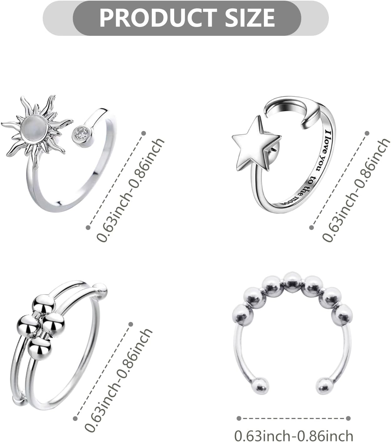 Manufacturer  4PCS Fidget Rings for Women Adjustable Stress Relief Fidget Spinner Ring Stainless Steel Sun Moon Star Bead Rotatable Fidget Rings (Silver)   rings