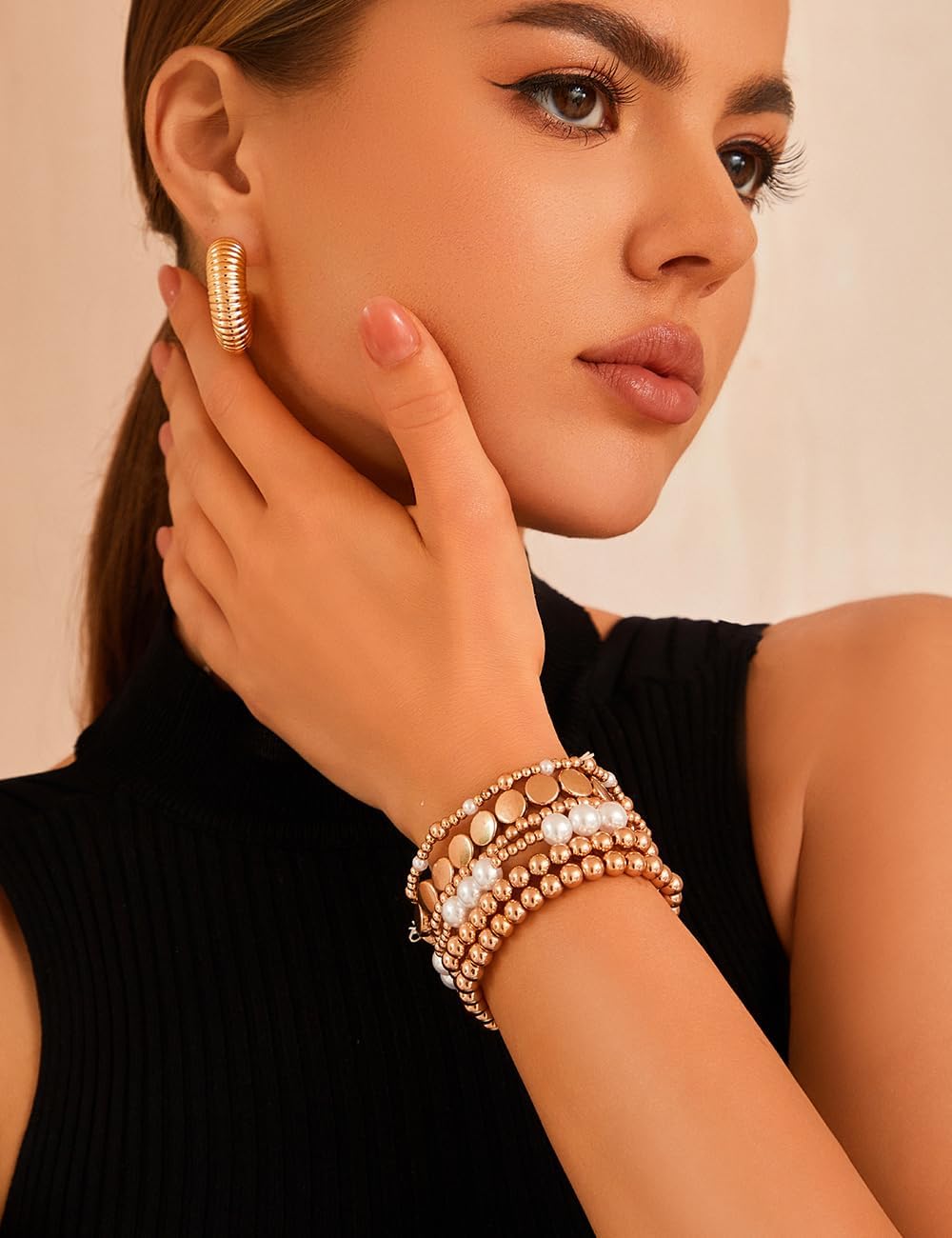 Manufacturer  KISS WIFE Gold Bracelets for Women Gold Bracelet Stack Pearl Beaded Bracelets for Women Strand Bead Ball Stretchable Elastic Bracelet Set Adjustable Fashion Accessories Jewelry for Gifts (Beads and Pearls)  bracelets