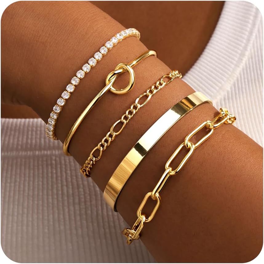 Manufacturer  Gold Bracelets for Women Non Tarnish, 14K Gold Plated Chunky Cuff Bracelet Gold Bangles Bracelet for Women Trendy Tie Knot Cuban Rope Paperclip Beaded Bracelet Stack Jewelry Gifts  bracelets