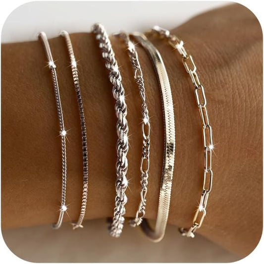 Manufacturer  DEARMAY Dainty Silver Bracelets for Women Trendy, 925 Sterling Silver Jewelry Set for Women Bracelets for Women Paperclip Box Herringbone Figaro Rope Chain Bracelet Fashion Pack Gifts for Women  bracelets