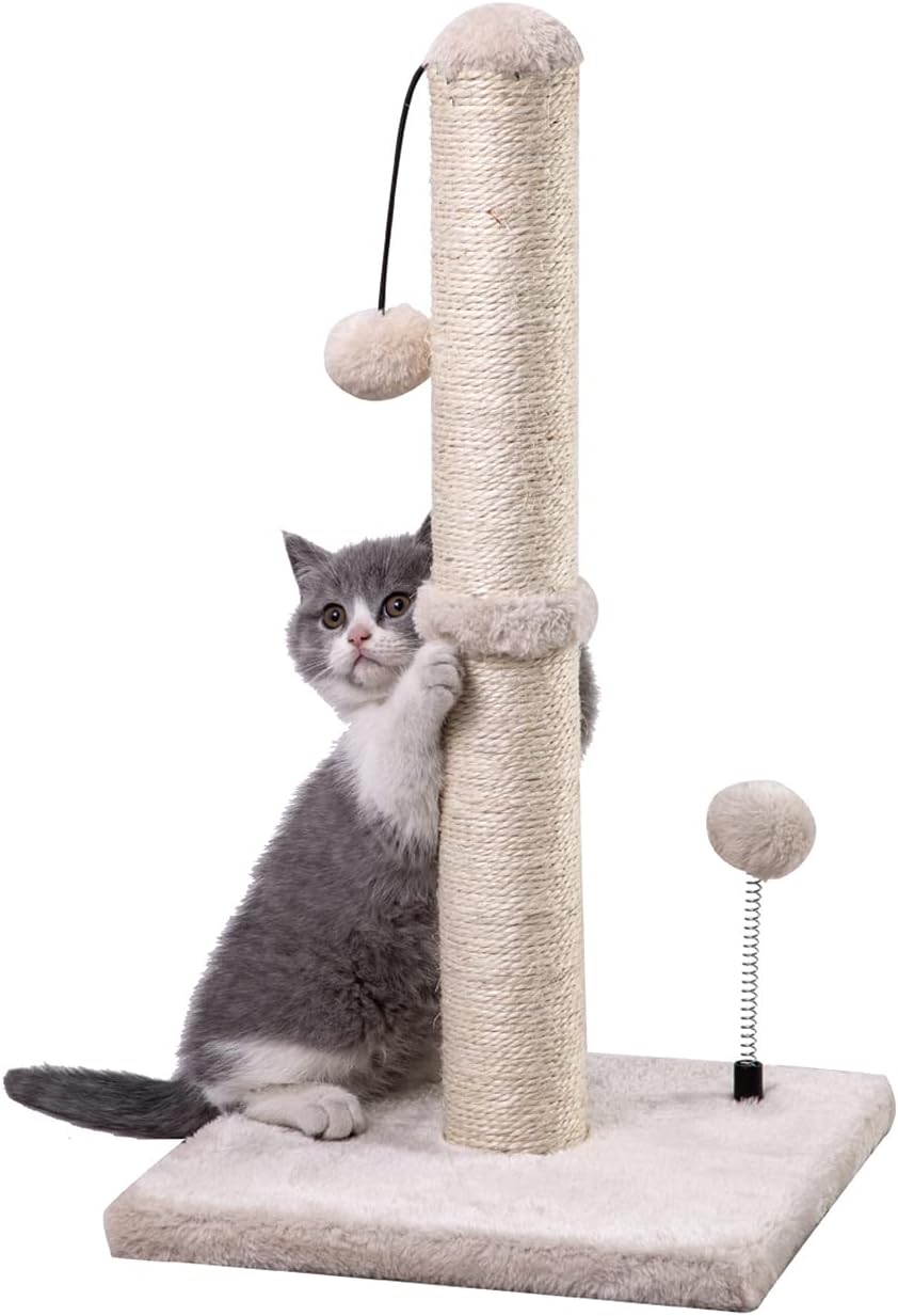 Manufacturer  MECOOL Cat Scratching Post Premium Basics Kitten Scratcher Sisal Scratch Posts with Hanging Ball 22in for Kittens or Smaller Cats (22 inches for Kitten, Beige)    Cat toy