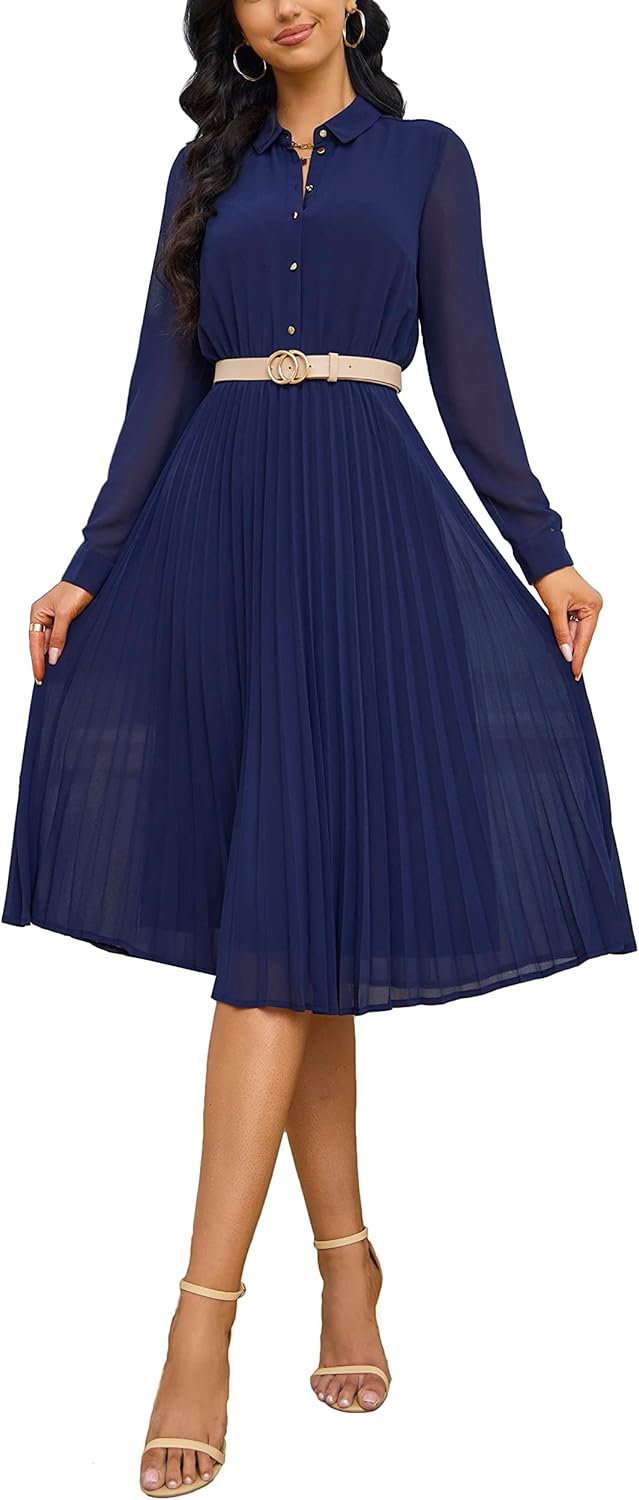 Manufacturer  Business Casual Shirt Dress for Women Long Sleeves Pleated Midi Dresses with Belt dresses