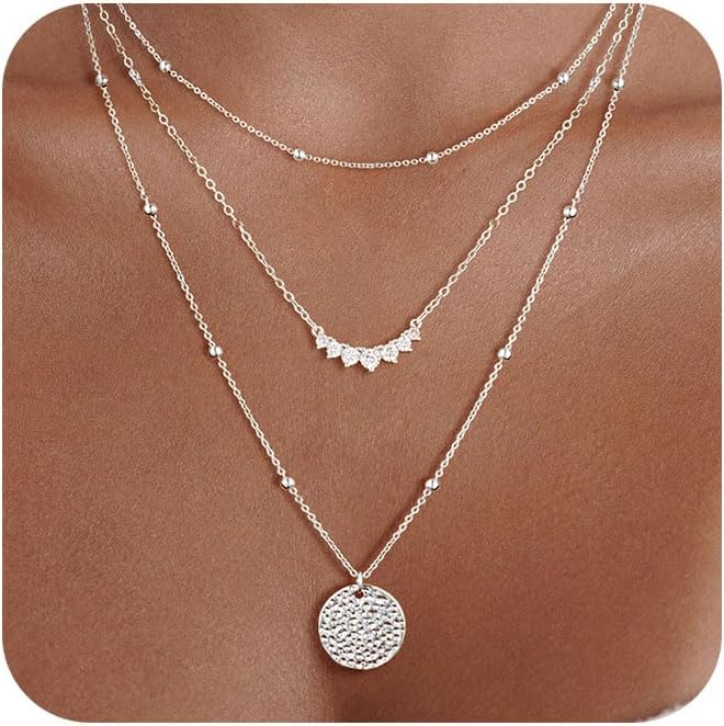 Manufacturer  Layered Silver Necklaces for Women, Sterling Silver Stackable Stack Choker Necklaces Trendy Real Gold Plated Layering Disc Circle Pendant Chain Dainty Necklace Set Jewelry for Women  Necklace