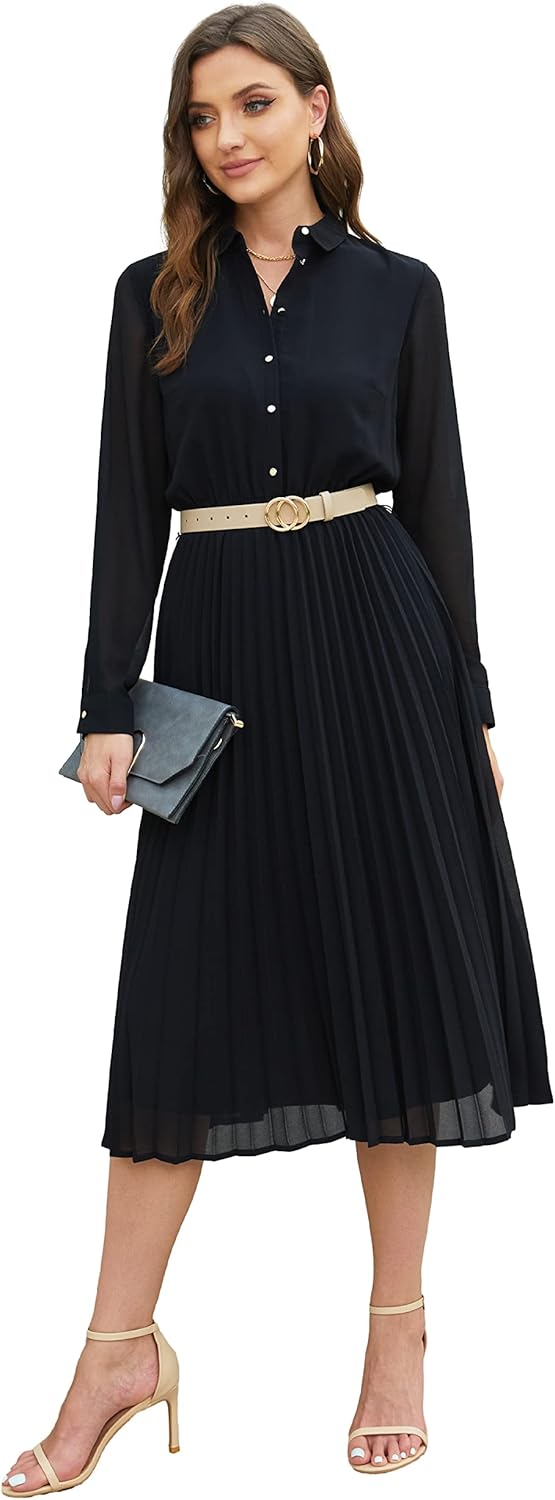 Manufacturer  Business Casual Shirt Dress for Women Long Sleeves Pleated Midi Dresses with Belt dresses