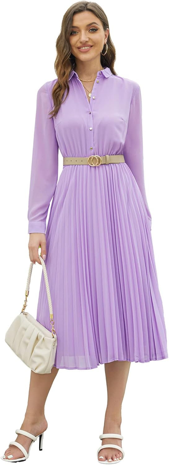 Manufacturer  Business Casual Shirt Dress for Women Long Sleeves Pleated Midi Dresses with Belt dresses