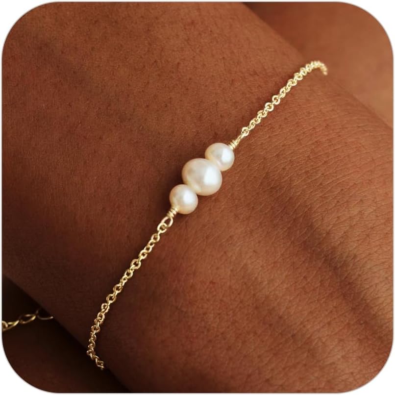 Manufacturer  SLOONG Gold Bracelets for Women Trendy, 14K Real Gold Plated Dainty Stackable Pearl Snake Chain CZ Heart Pendant Bracelets, Layered Waterproof Jewelry Gift for Women Adjustable 6"+2"  bracelets
