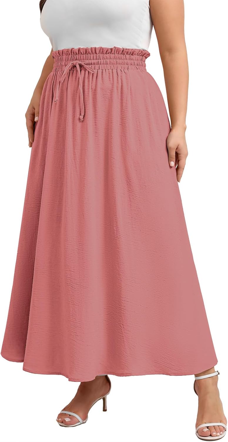 Xpenyo Womens Plus Size Maxi Skirts Summer Elastic High Waisted Boho Casual Beach Flowy Swing Long Skirts with Pockets