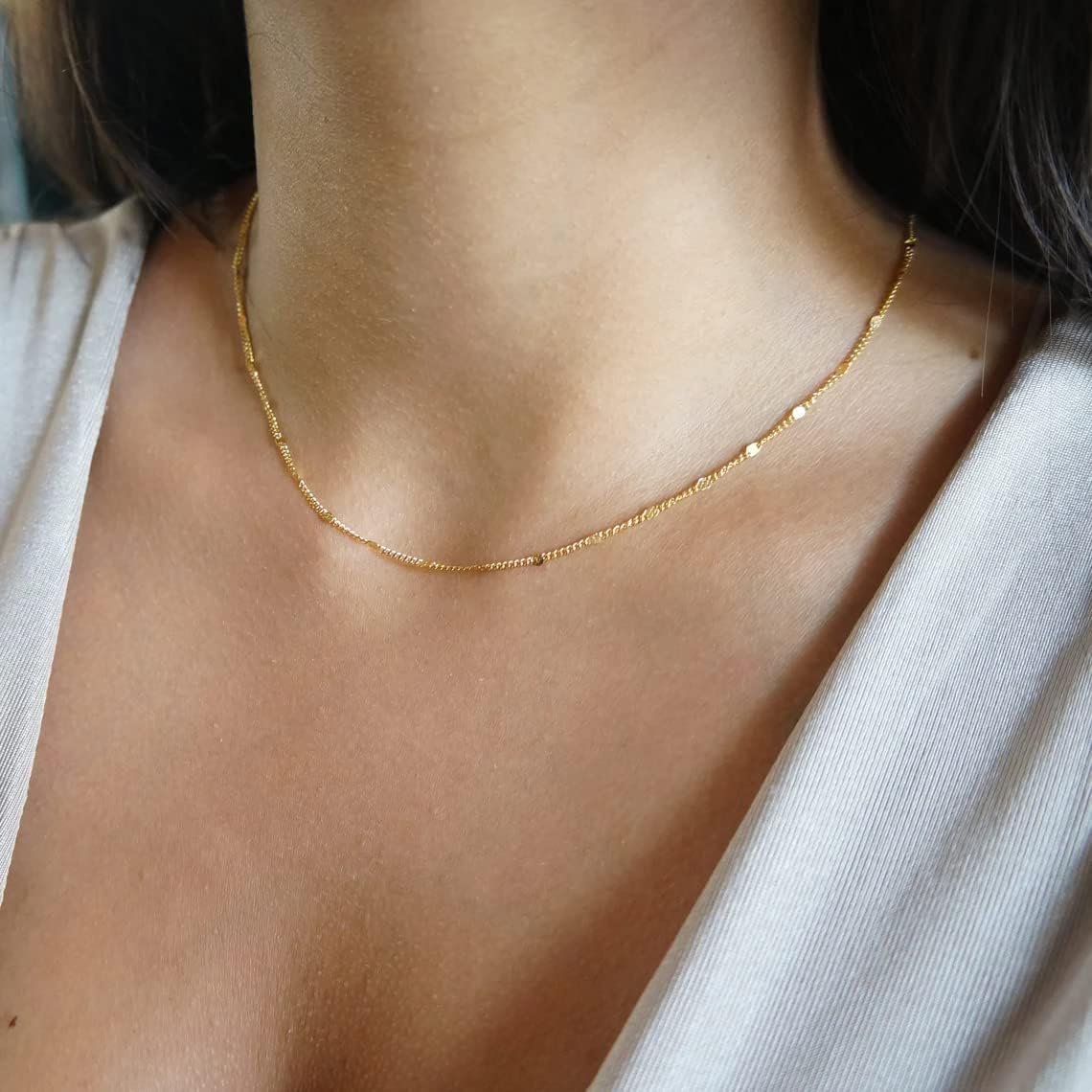Manufacturer  BERISO 14K Gold/Silver Plated Satellite Choker Shining Dots Station Box Chain 3 Blue Beads Sparkle Chain Necklace Open Hearts Open Stars Link Chain Exquisite Jewelry for women  necklace