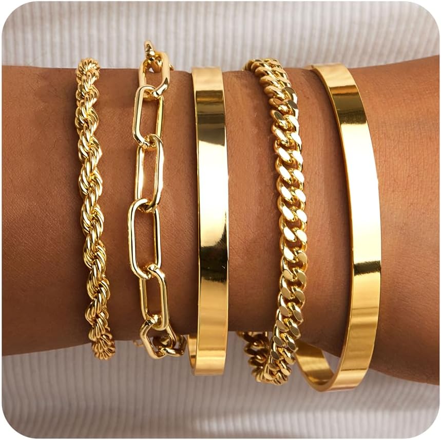 Manufacturer  Gold Bracelets for Women Non Tarnish, 14K Gold Plated Chunky Cuff Bracelet Gold Bangles Bracelet for Women Trendy Tie Knot Cuban Rope Paperclip Beaded Bracelet Stack Jewelry Gifts  bracelets