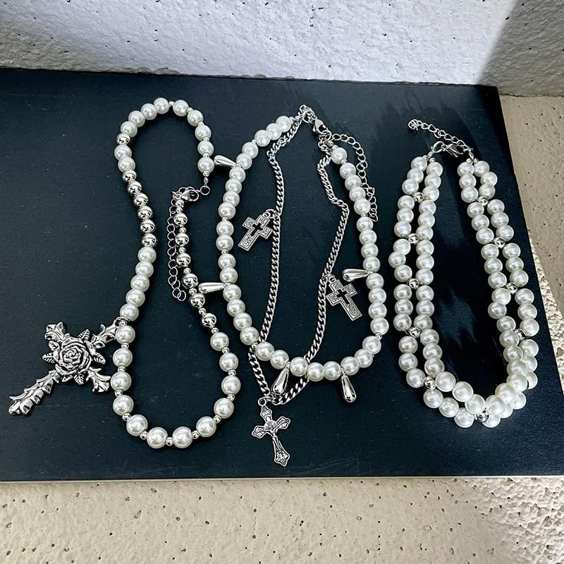 Manufacturer  Layered Pearl Necklace Gothic Cross Pearl Stacked Necklace for Women  Necklace
