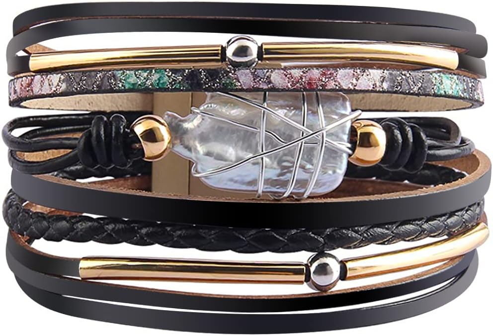 Manufacturer  Fesciory Leopard Bracelet for Women, Boho Leather Wrap Multi-Layer Pearl Crystal Bracelet Bangle Jewelry  bracelets